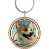 Handmade copper colorful Cardigan Welsh Corgi keychain with dog art and diamond-cut border