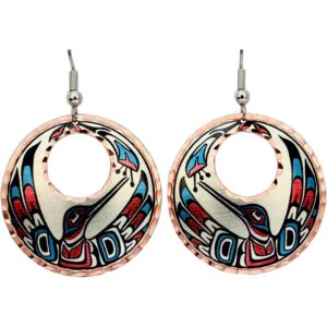 Exquisite artisan jewelry that will steal your breath away: captivating Alaska Native hummingbird round earrings offering delicate radiance and timeless elegance. Distinctively handcrafted with circular cutouts and Northwest Coast art, these Alaska Native hummingbird round earrings highlight the sacred heritage and spirit behind hummingbird jewelry with meaning.