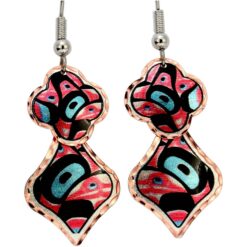 Alaska Native Earrings in Vibrant Colors, Captivating handmade NW Native dangle earrings. These beautifully unique copper earrings showcase a stunning Alaska Native abstract design in vibrant red, teal blue, and black, making them a thoughtful gift for her or a unique birthday jewelry gift for your girlfriend.