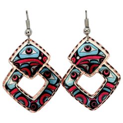 Colorful Alaska Native Earrings in Cut Out Style, Captivating handmade NW Native earrings. These beautifully unique copper earrings showcase a stunning Alaska Native abstract eye design in vibrant teal, red, black, and white with a distinctive diamond cutout, making them a thoughtful gift for her or a unique birthday jewelry gift for your girlfriend.