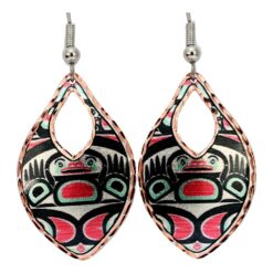 Handcrafted Alaska Native Hands of Creation Earrings, Captivating handmade NW Native hands of creation earrings. These beautifully unique copper earrings showcase a stunning Alaska Native hands of creation design in red, teal, black, and white with a distinctive teardrop cutout, making them a thoughtful gift for her or a unique birthday jewelry gift for mom.