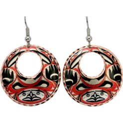 Alaska Native Human Earrings in Circular Shape, Captivating handmade NW Native human earrings. These beautifully unique copper earrings showcase a stunning Alaska Native human face design in vibrant red, black, and white with a distinctive circular cutout, making them a thoughtful gift for her or a unique birthday jewelry gift for mom.
