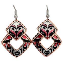 Alaska Northwest Native Owl Earring in Cut Out Style, stunning Alaska NW Native owl design in red, black, and white. These beautifully unique handmade copper earrings feature a distinctive diamond-shaped cutout and make a thoughtful gift for her or a unique birthday jewelry gift for mom.