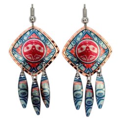 Captivating handmade NW Native sun totem dangle earrings. These beautifully unique copper earrings feature a charming red sun totem design and elegant dangling accents, making them a thoughtful gift for her or a unique birthday jewelry gift for mom.