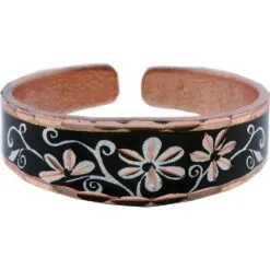 Handmade Flower Adjustable Copper Ring with Black Patina Background