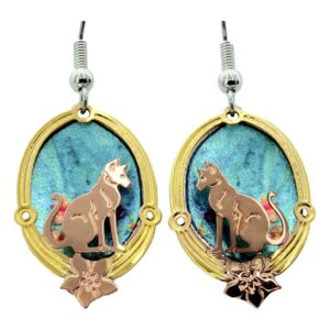 Cat jewelry makes unique gifts: cut out cat earrings with colorful background handmade from copper for women.