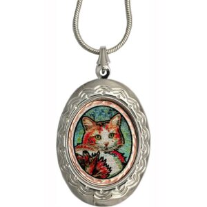 Cat jewelry makes unique gifts: handmade cat necklace lockets with colorful feline artwork for women.