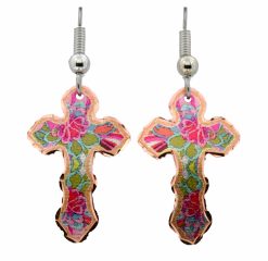 Cross Earrings in Colorful Floral Artwork