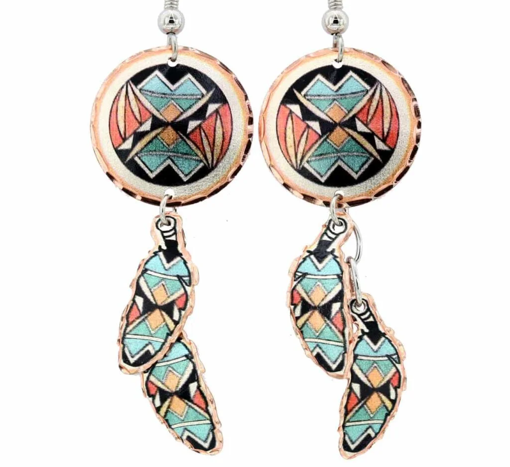 SW Native Dreamcatcher Earrings with Dangle Copper Feathers