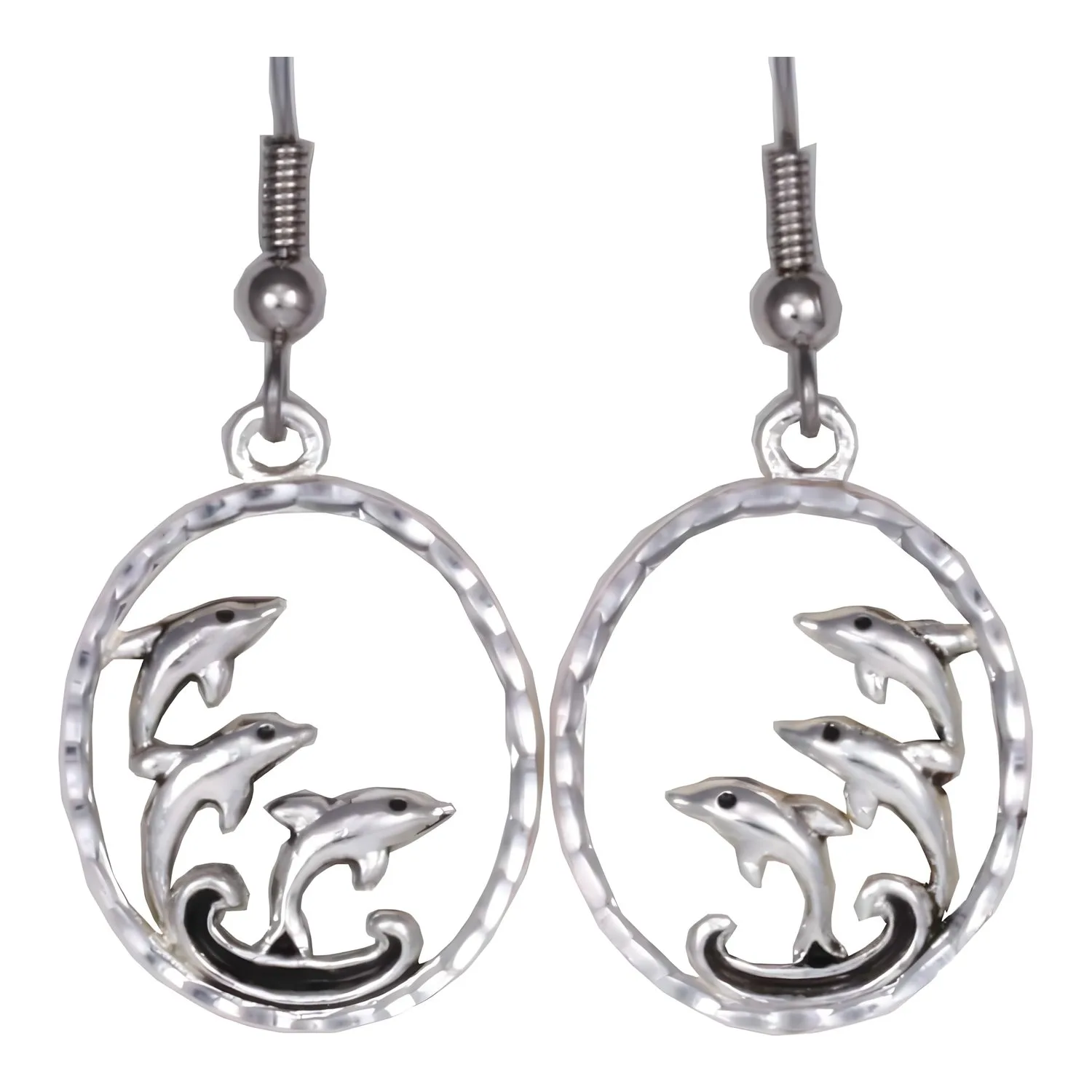 Silver Plated Cast Three Dolphins Earrings
