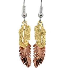 Gold and Copper Feather Dangle Earrings