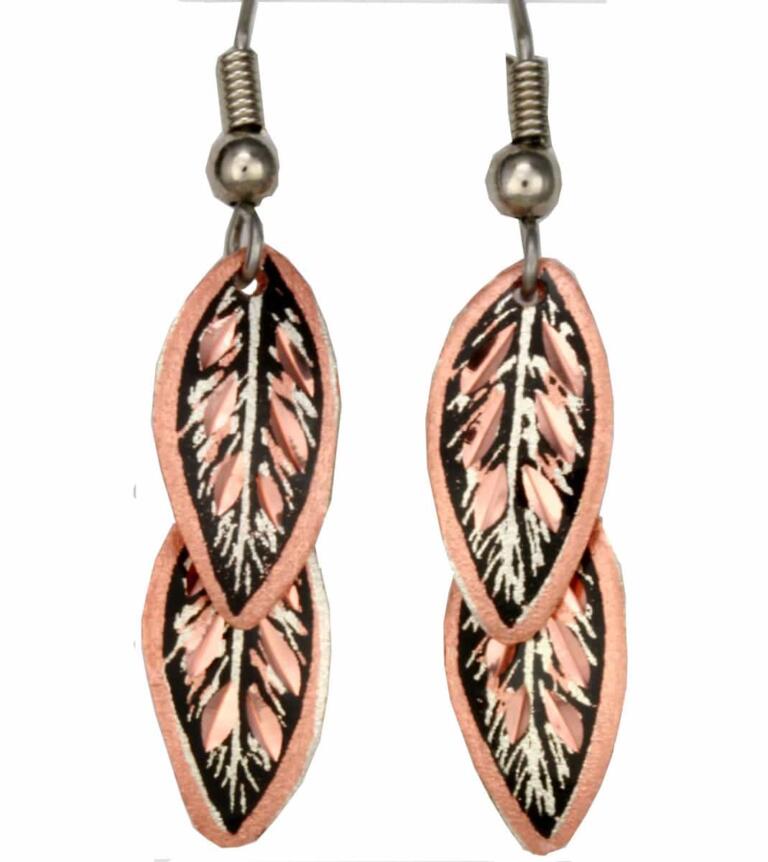 Double Drop Copper Feather Earrings, Dangle Feather Earrings