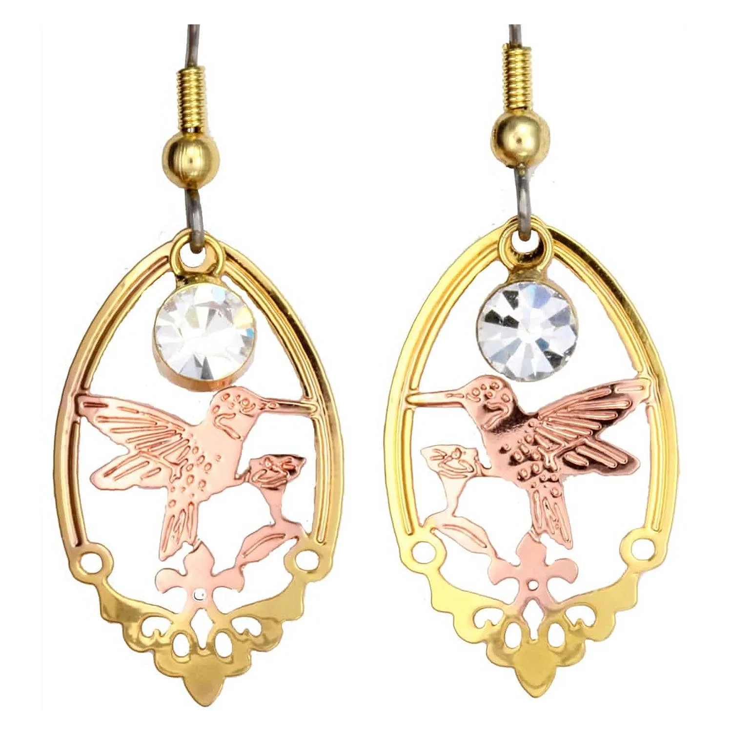 Handmade copper teardrop cut-out hummingbird crystal dangle earrings with surgical steel earwires