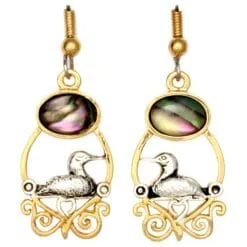 Handmade two-tone cut-out swimming Canadian loon dangle earrings with abalone shell cabochon