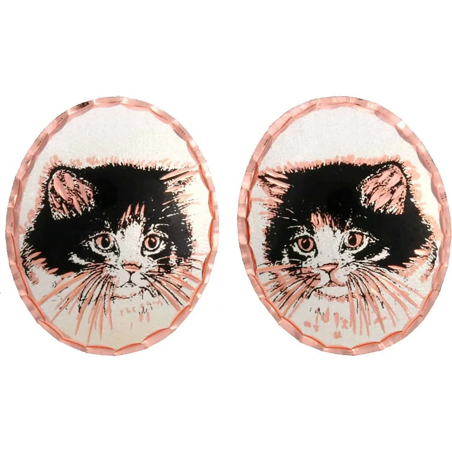 Handmade copper oval black and white cat and roses stud post earrings diamond-cut by hand