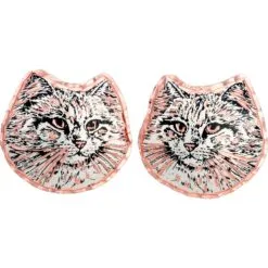 Handmade copper sitting white cat stud post earrings diamond-cut by hand to sparkle