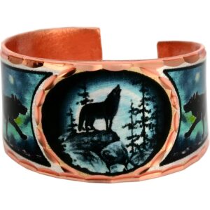 Distinctive artisan copper bracelet featuring an exceptional howling wolf moon design, highlighting our tips for choosing the perfect wolf jewelry for your girlfriend. Astonishingly elegant handmade copper howling wolf moon bracelet. Artisan-crafted sophistication and flawless quality make this the absolute best wolf jewelry for your girlfriend!