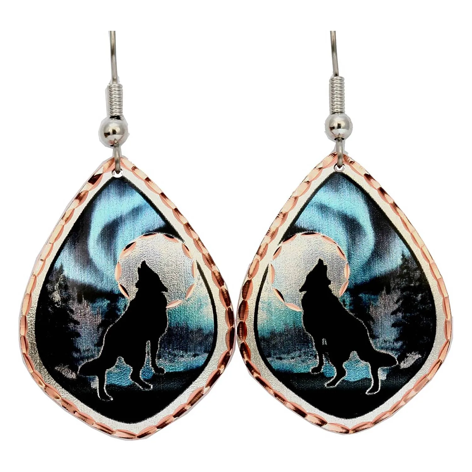 Wolf Earrings Howling in Northern Lights