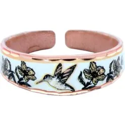 Captivating handmade hummingbird copper ring. This beautifully unique, adjustable copper ring showcases a stunning hummingbird and floral design set against a crisp white background, making it a thoughtful gift for her or a unique birthday jewelry gift for your girlfriend.