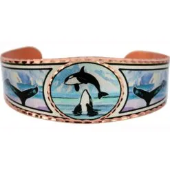 Handmade copper killer whale orca cuff bracelet diamond-cut by hand to sparkle