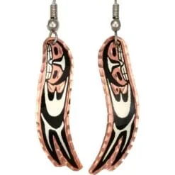 Handmade copper Canadian Northwest Native Haida feather dangle earrings with surgical steel earwires