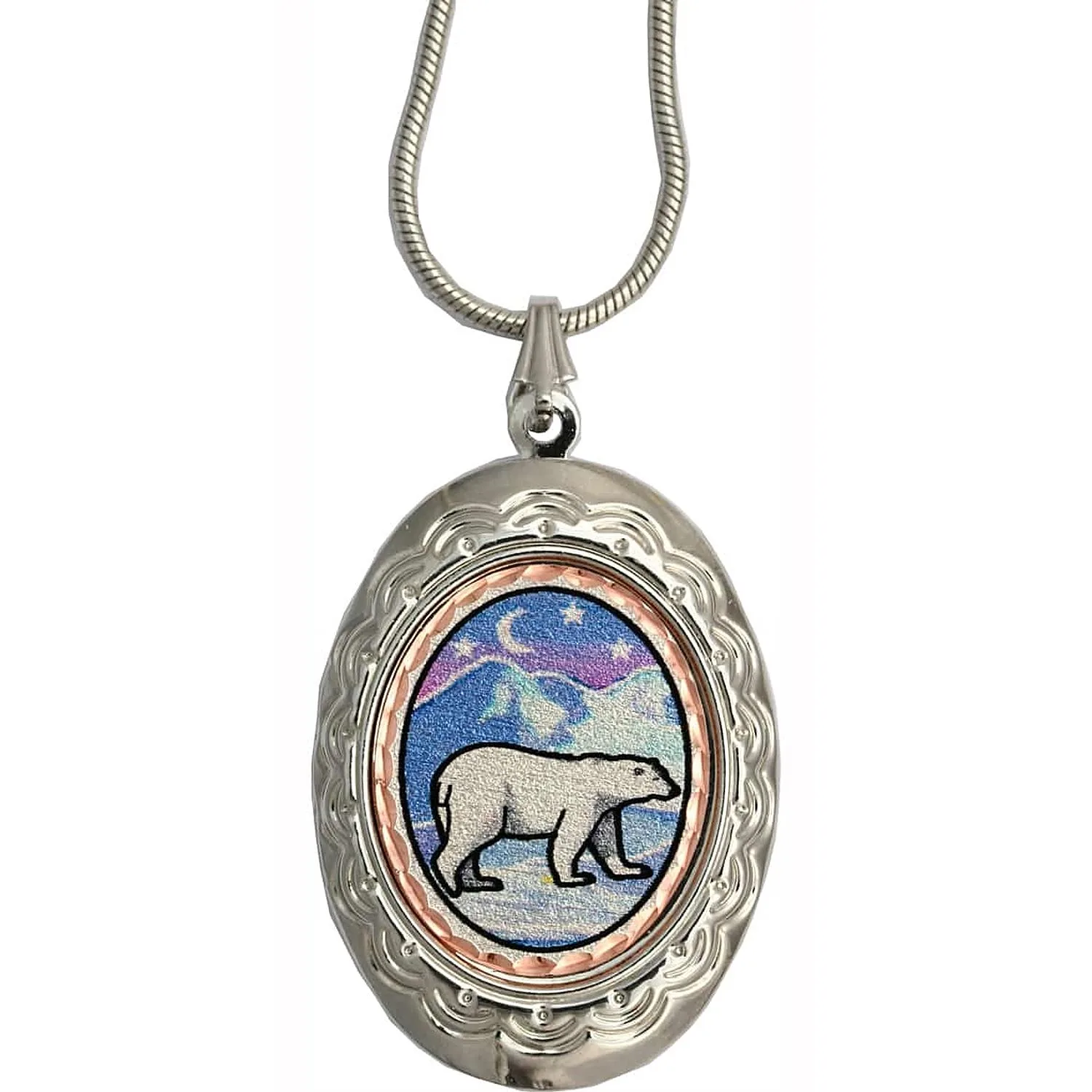 Handmade copper Arctic polar bear locket necklace with diamond-cut pure copper art
