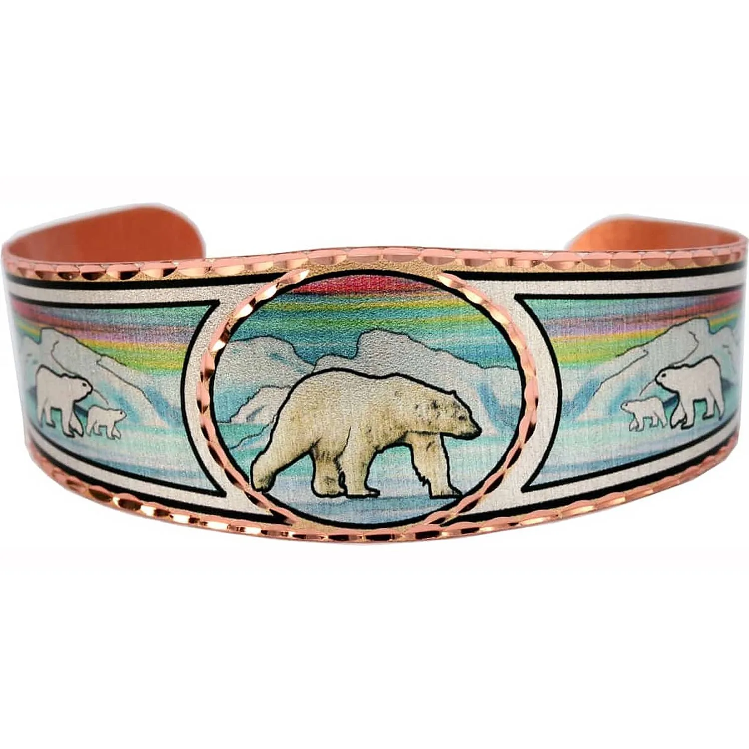 Handmade copper polar bear and Northern Lights bracelet diamond-cut by hand to sparkle
