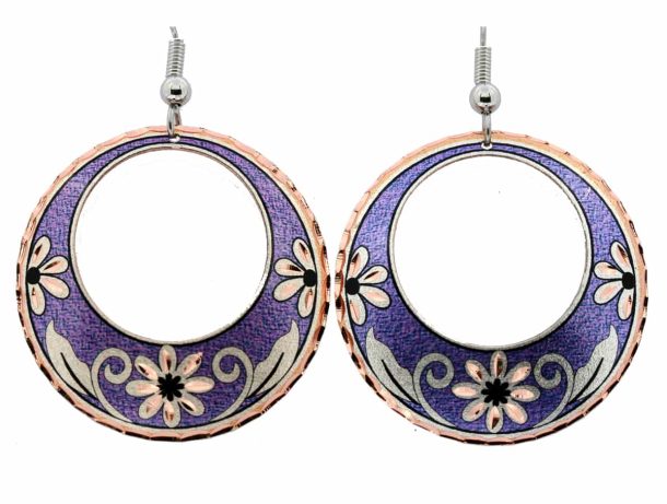 Purple Cut Out Circle Shape Flower Earrings