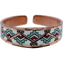 Artisan adjustable copper ring with turquoise, magenta, and silver Southwest chevrons