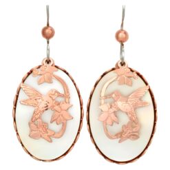 Cut Out Copper Hummingbird Earrings with Mother of Pearl Background