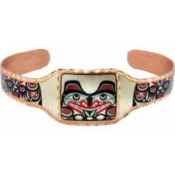 Northwest Haida Bear Totem Magnetic Copper Bracelet - Handcrafted Red & Teal Cuff Bracelet (BTM-52)