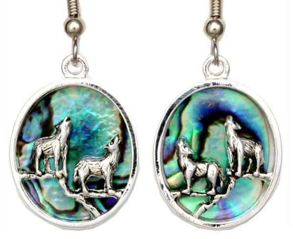Unique Abalone Earrings with Silver Plated Cut Out Wolves
