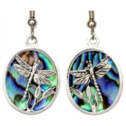 Handmade silver-plated dragonfly earrings with natural iridescent abalone shell background.