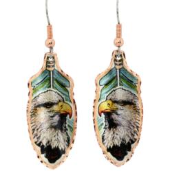 American eagle beautifully shaped copper feather earrings in colorful artwork by Lynn Bean