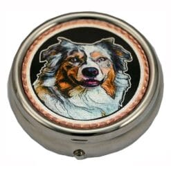 Silver color pill boxes embellished with Australian shepherd copper artwork