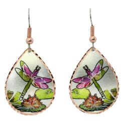 Handmade teardrop copper earrings featuring purple dragonflies and colorful lotus flowers with diamond-cut edges.