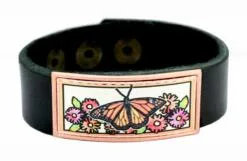 Buy leather bracelets embellished with copper colorful monarch butterfly artwork