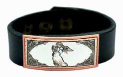Handmade leather bracelets embellished with copper angel artwork