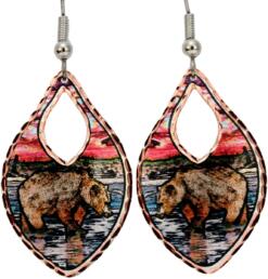Alaska grizzly bear earrings created in a river scene bear catching salmon fish
