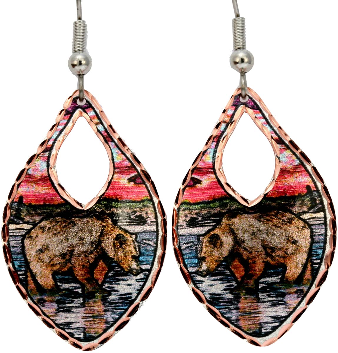 Alaska grizzly bear earrings created in a river scene bear catching salmon fish Alaska grizzly bear earrings created in a river scene bear catching salmon fish