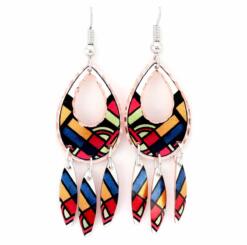Teardrop dangle art deco earrings handmade from copper with vibrant colors