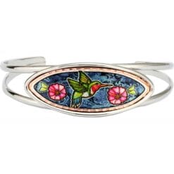 Hummingbird wire bracelet in silver color embellished with watercolor copper artwork