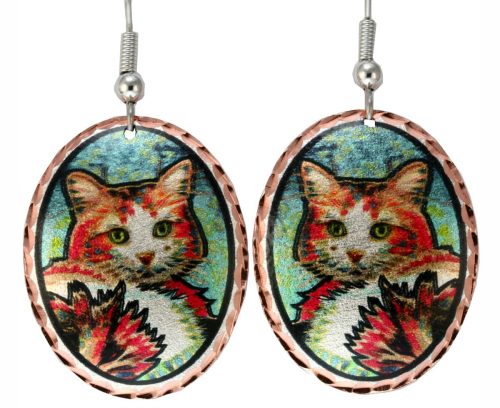 Buy cute cat earrings handmade from copper in vibrant colors to make you smile