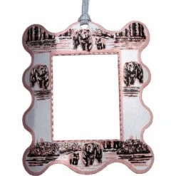 Handmade scalloped copper photo frame ornament with etched forest bears
