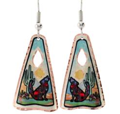 Triangle coyote earrings created in colorful desert scene design