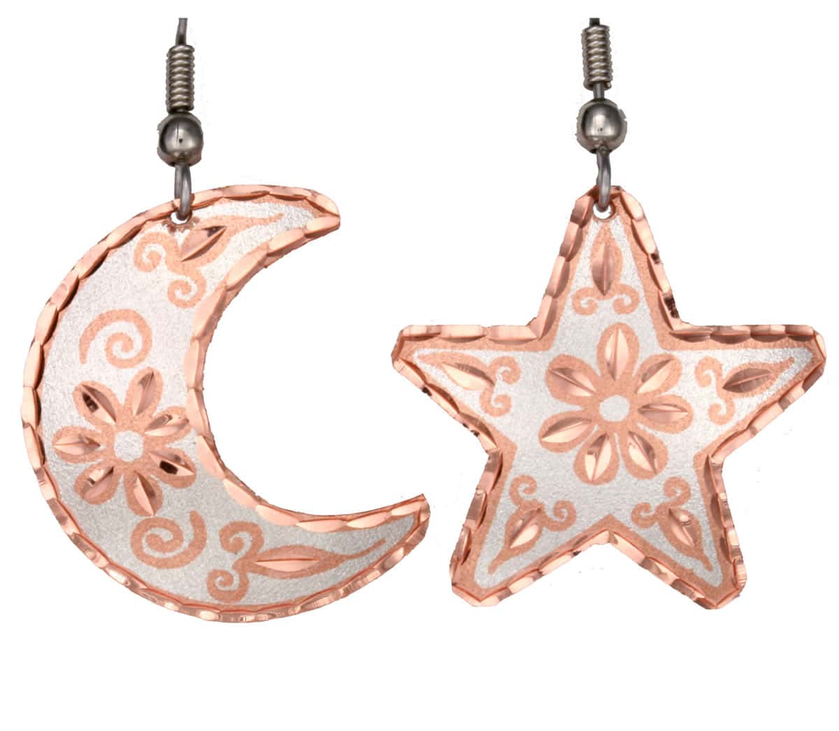 Moon and star flower earrings handmade from copper accentuated with silver plating and diamond cutting Moon and star flower earrings handmade from copper accentuated with silver plating and diamond cutting