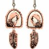 Handmade wolf earrings with dangle copper feather
