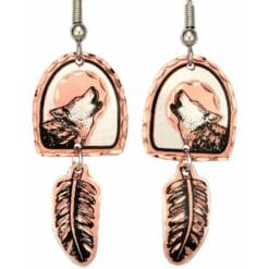 Buy sleek and stylish wolf earrings handmade from copper with dangle feather