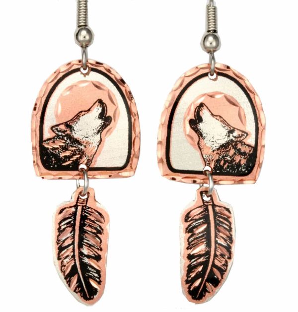 Handmade wolf earrings with dangle copper feather