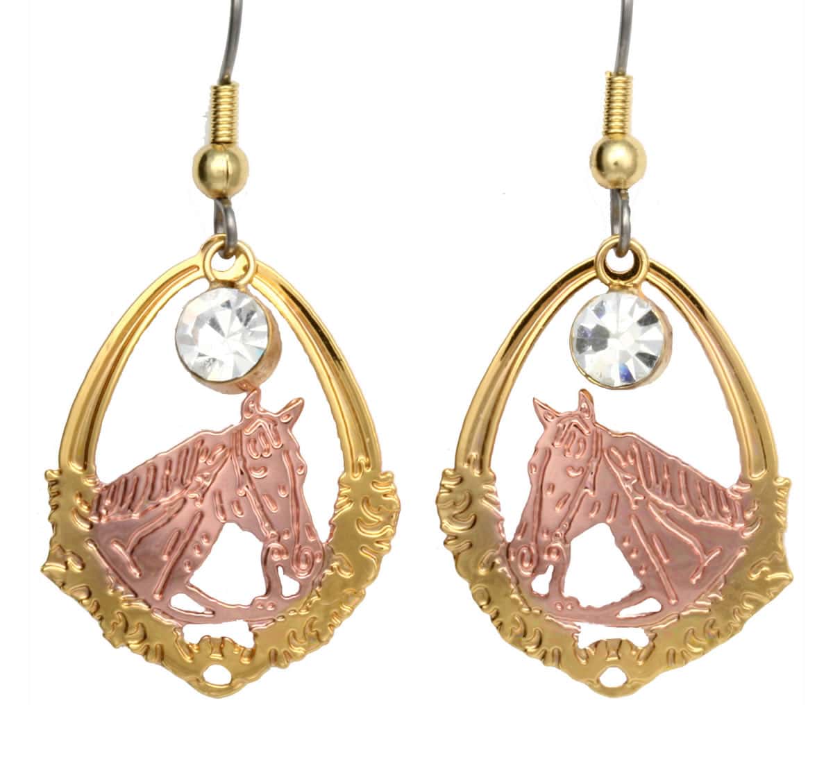Handcrafted earrings, cut out horse earrings made from copper with gold plated border and dangle crystal Handcrafted earrings, cut out horse earrings made from copper with gold plated border and dangle crystal